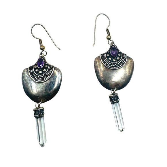 Vintage Sterling 925 Silver & Amethyst Dangle Earrings With Quartz Accents - Picture 9 of 10